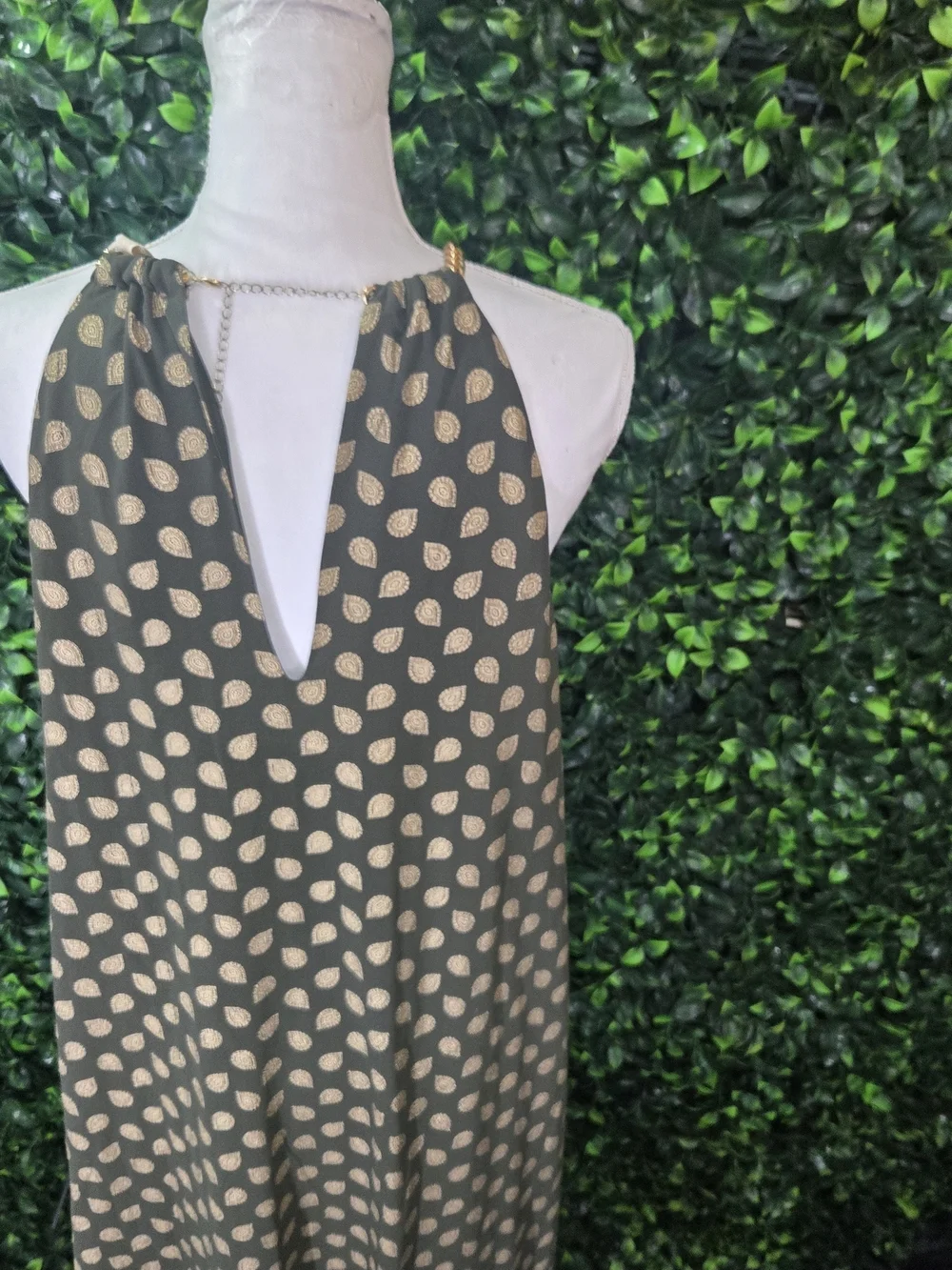Michael Kors Olive Green Halter High-Low Dress with Gold Dot Print